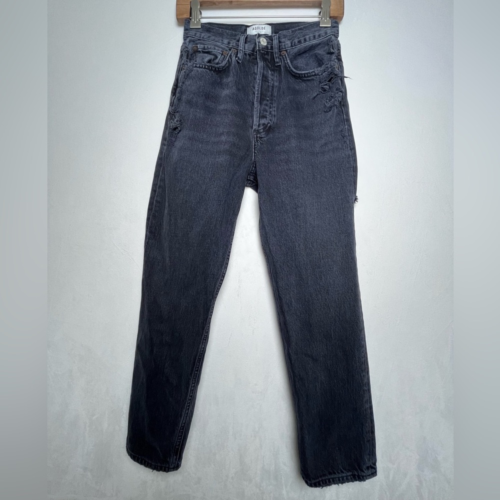 Agolde Jeans Women Sz 23 Blk 90s Crop Heavily Distressed Ripped Organic Cotton